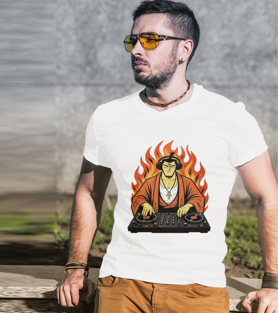 Samurai Jack DJing With Headphones Fire Music Mixer T-Shirt