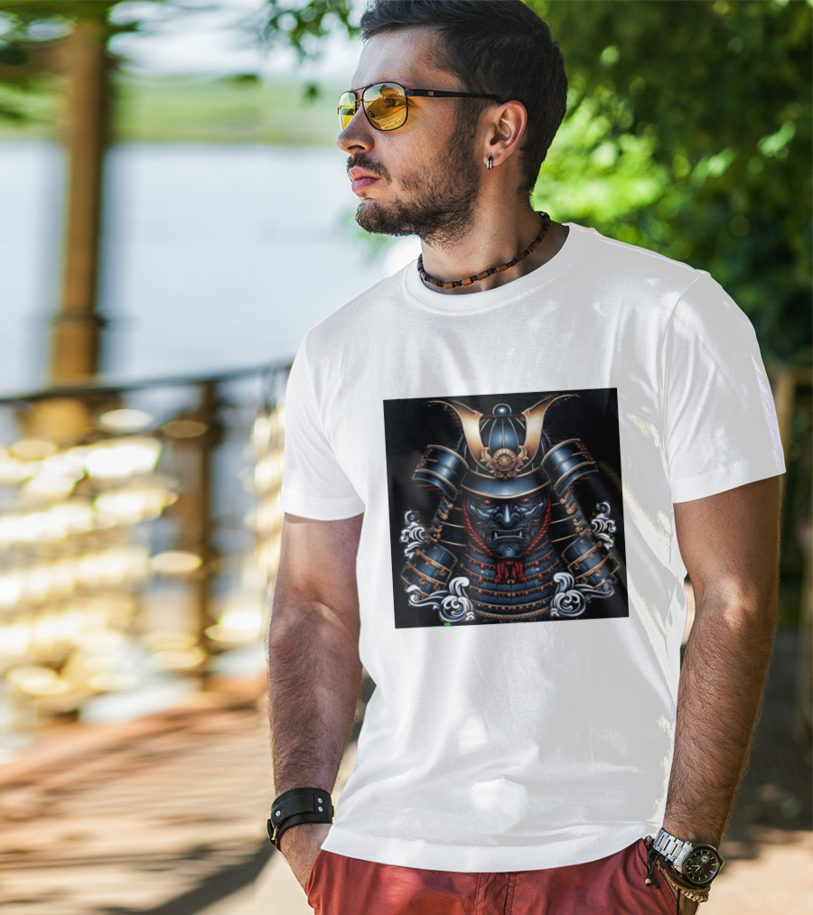 Samurai Warrior Mask Helmet With Traditional Armor And Red Accents T-Shirt