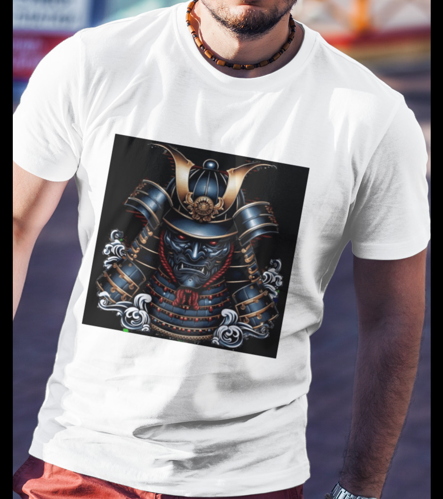 Samurai Warrior Mask Helmet With Traditional Armor And Red Accents T-Shirt