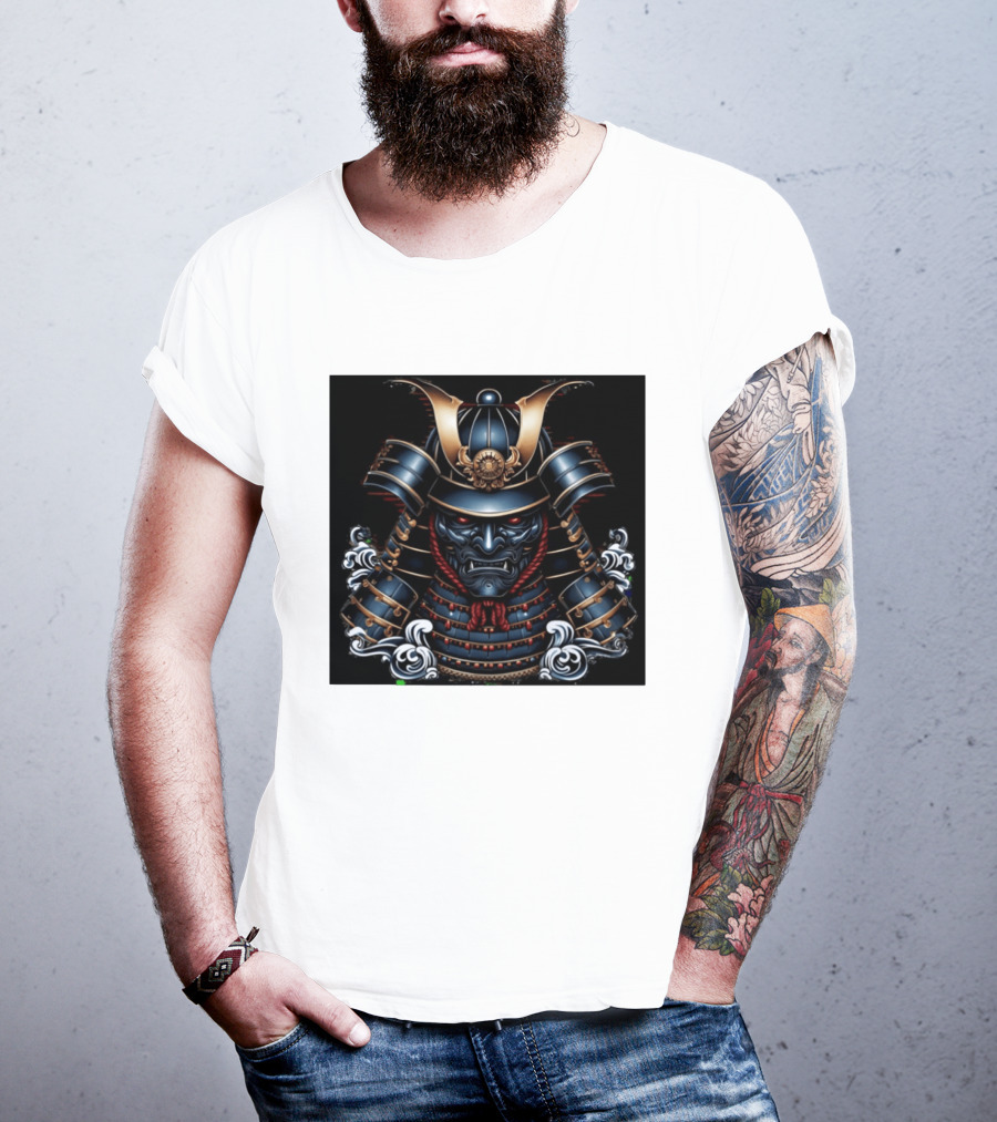 Samurai Warrior Mask Helmet With Traditional Armor And Red Accents T-Shirt