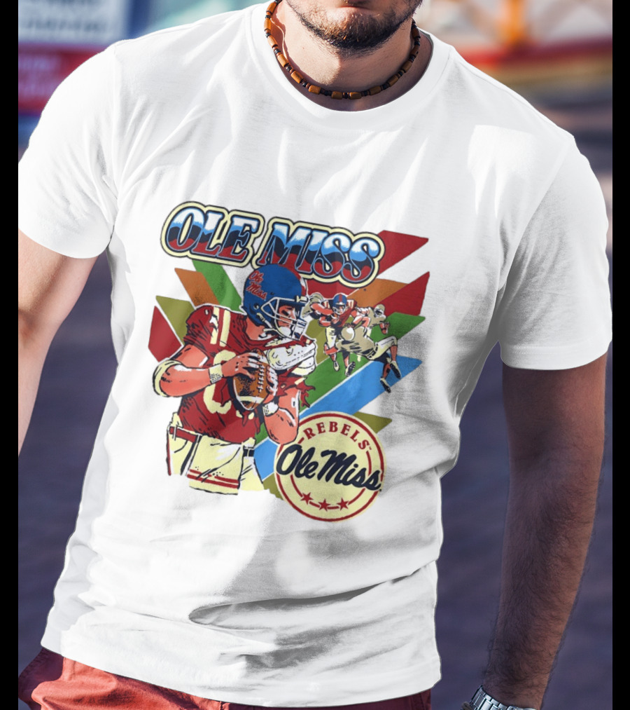Ole Miss Rebels Football Player Action Retro Style Collaboration T-Shirt