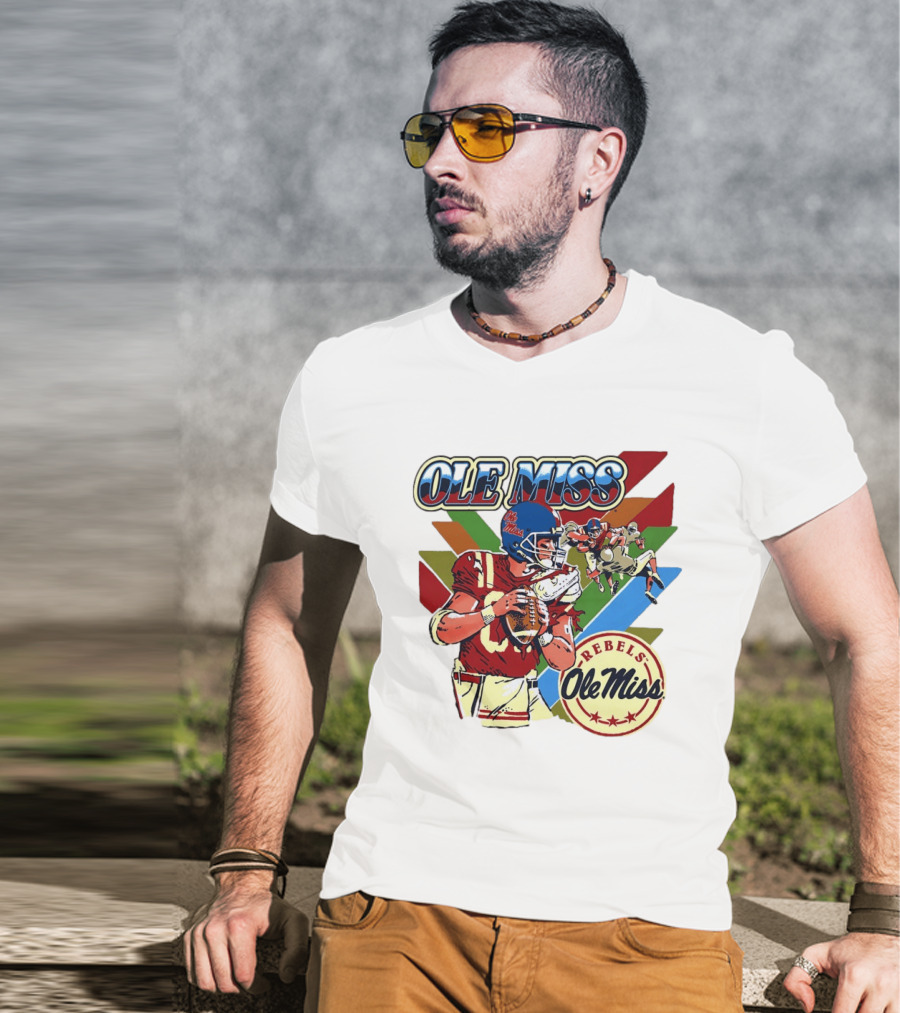 Ole Miss Rebels Football Player Action Retro Style Collaboration T-Shirt