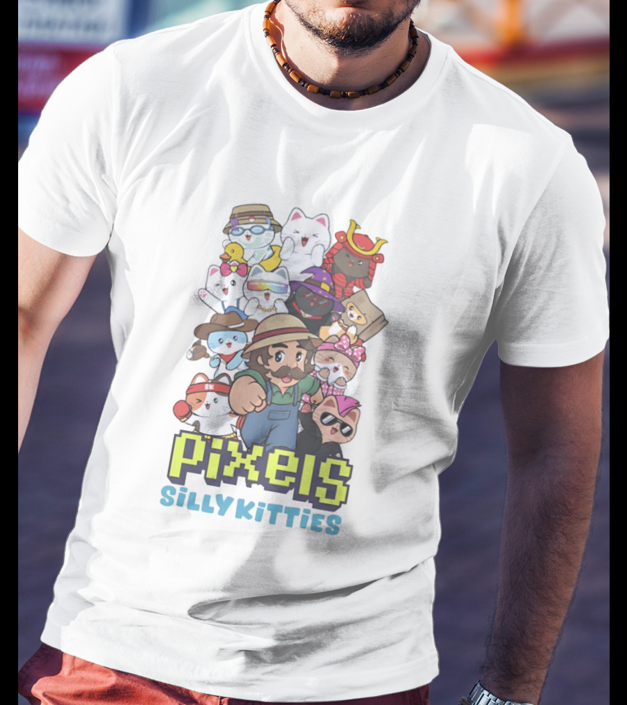 Pixels Silly Kitties Character Collage With Mustached Figure And Cute Cat Ensemble T-Shirt