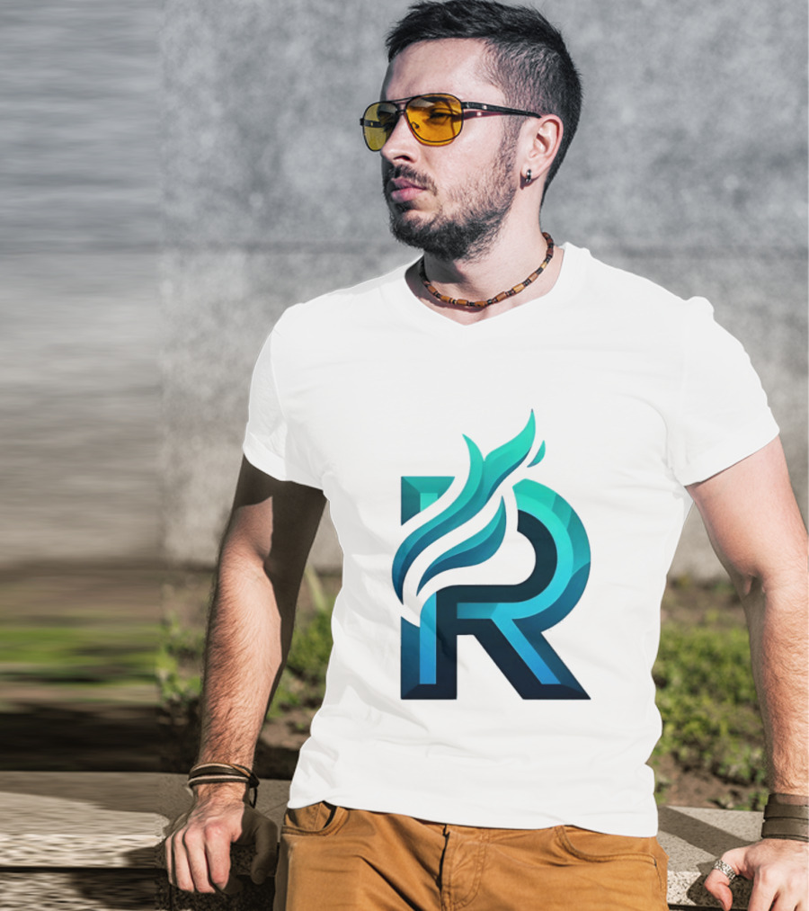 R Flame Letter Blue Green Gradient T-Shirt