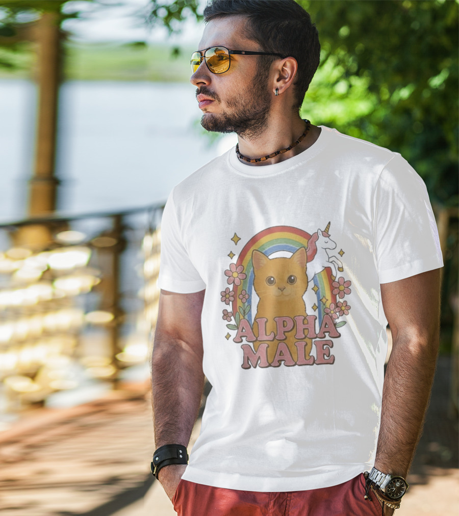 Alpha Male Cat With Unicorn Rainbow And Flowers T-Shirt
