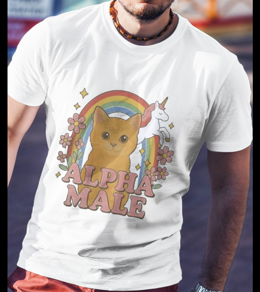 Alpha Male Cat With Unicorn Rainbow And Flowers T-Shirt