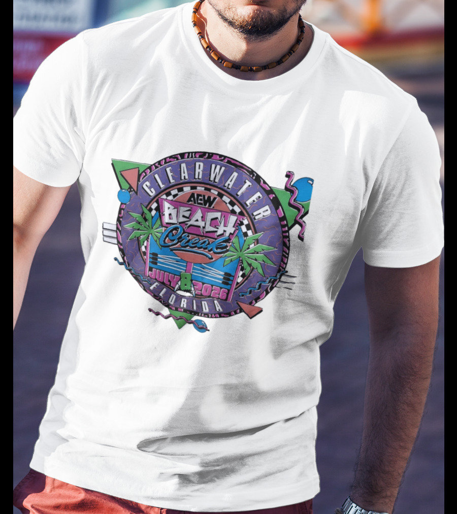 AEW Beach Break Clearwater Florida July 8 2026 Wrestling Event Tropical Palm Trees And Retro Waves T-Shirt