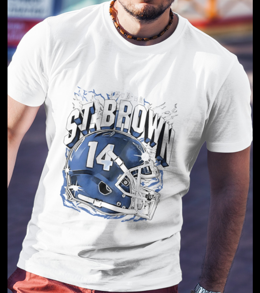 Amon Ra St. Brown 14 Helmet Detroit Lions T-Shirt