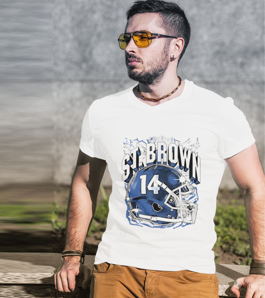 Amon Ra St. Brown 14 Helmet Detroit Lions T-Shirt