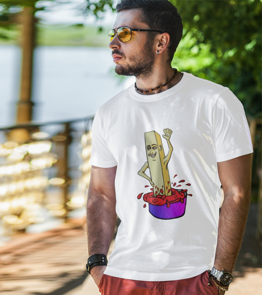 French Fry With Face Humorously Dipping In Ketchup Bowl T-Shirt