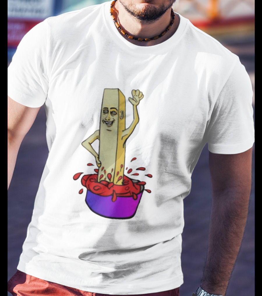 French Fry With Face Humorously Dipping In Ketchup Bowl T-Shirt