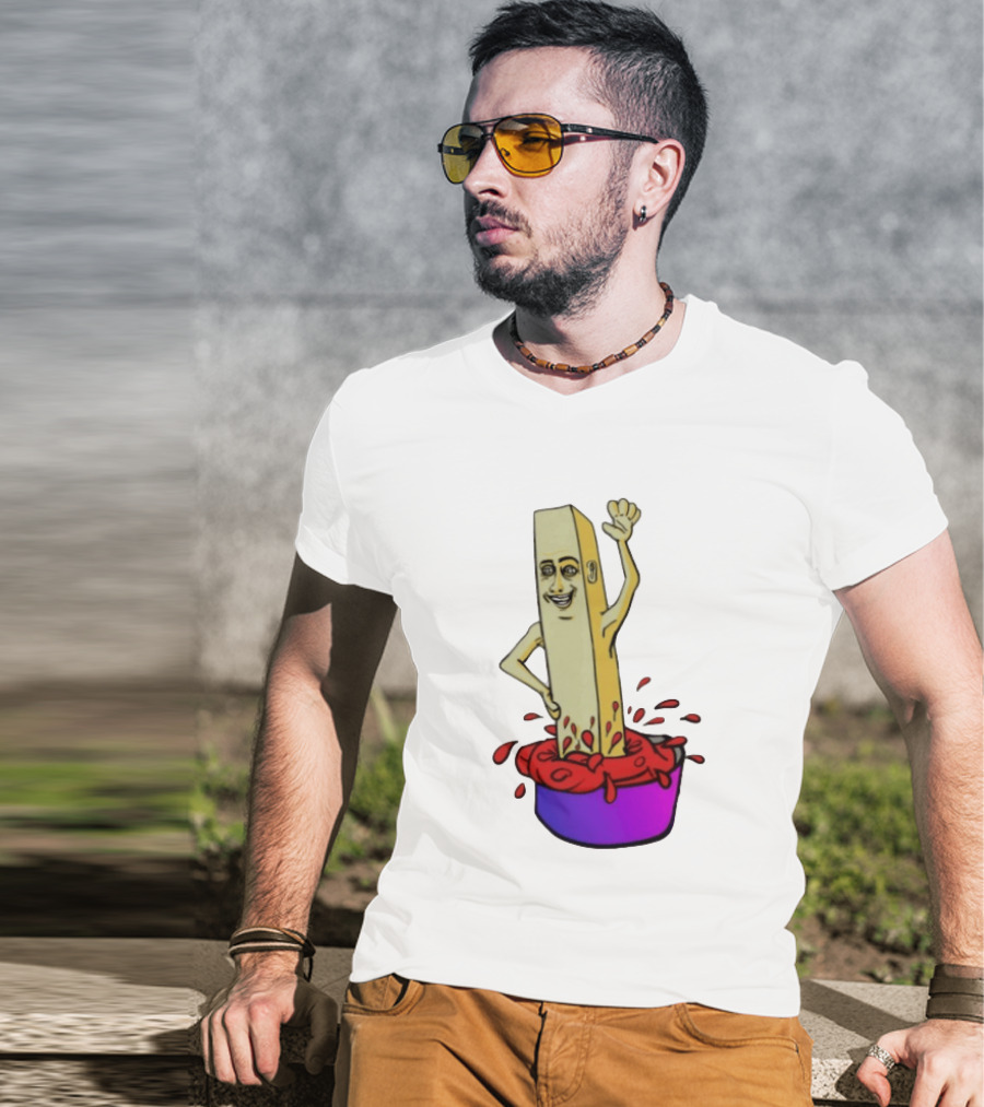French Fry With Face Humorously Dipping In Ketchup Bowl T-Shirt