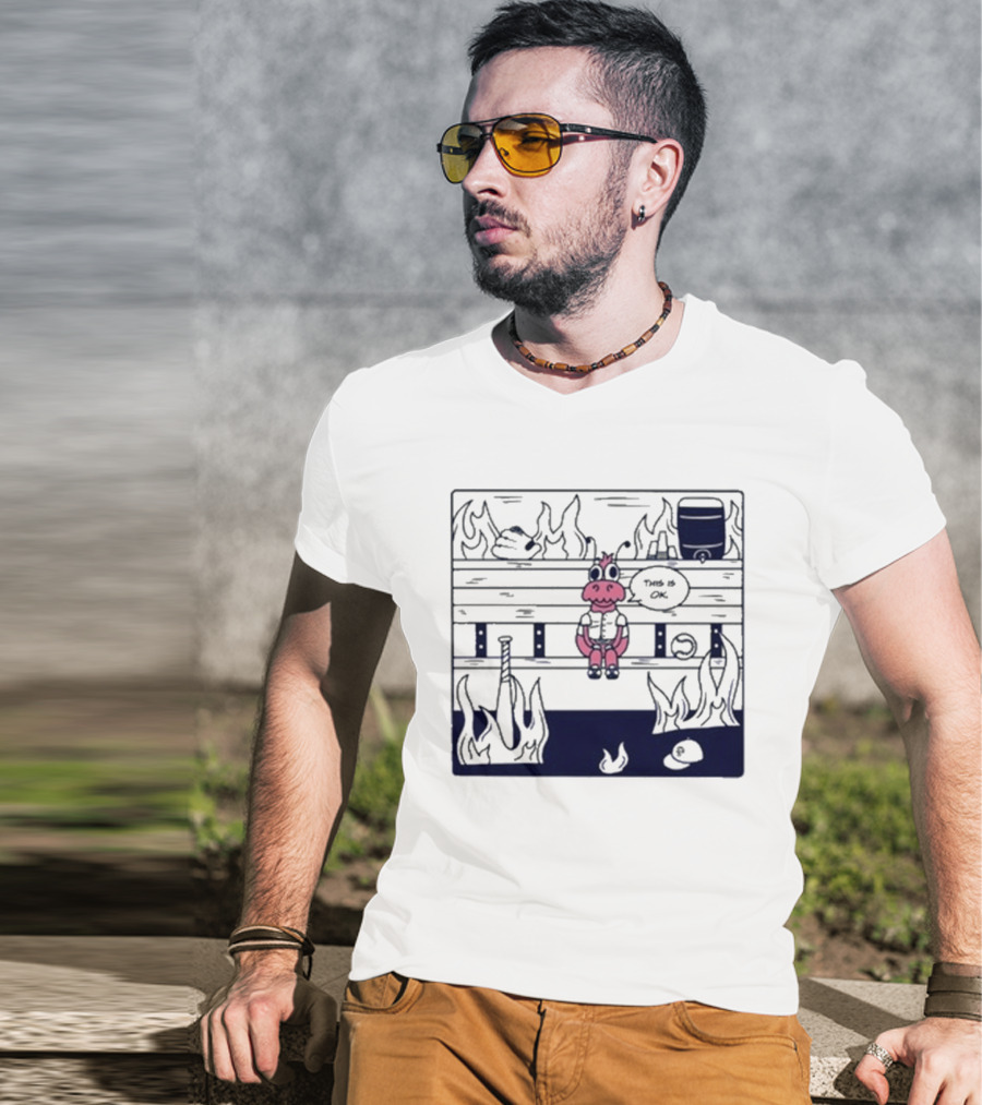 Jaxshrimp This Is Fine Fires Cartoon Cow Sitting Amidst Flames T-Shirt