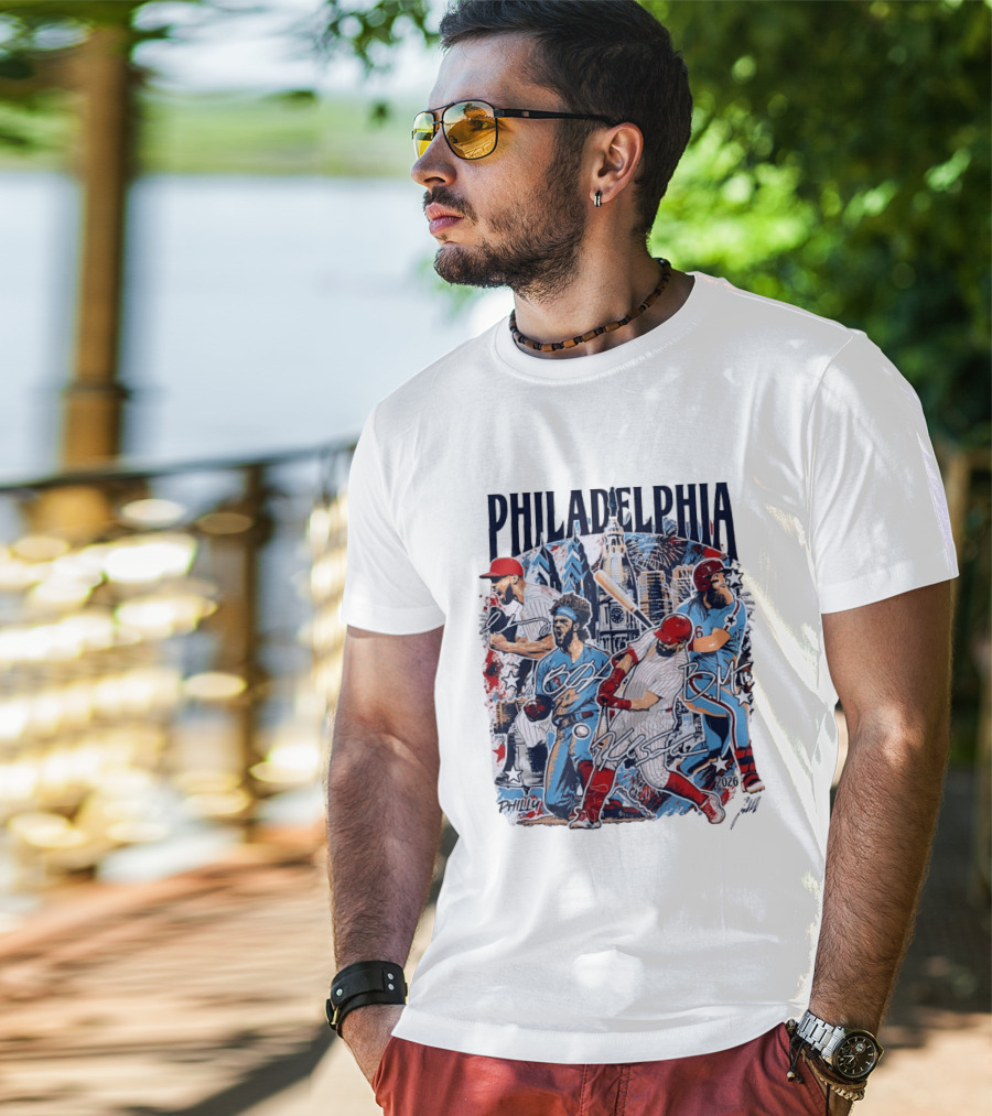 Philadelphia Phillies Stars Skyline 2026 Philly Batter Montage T-Shirt