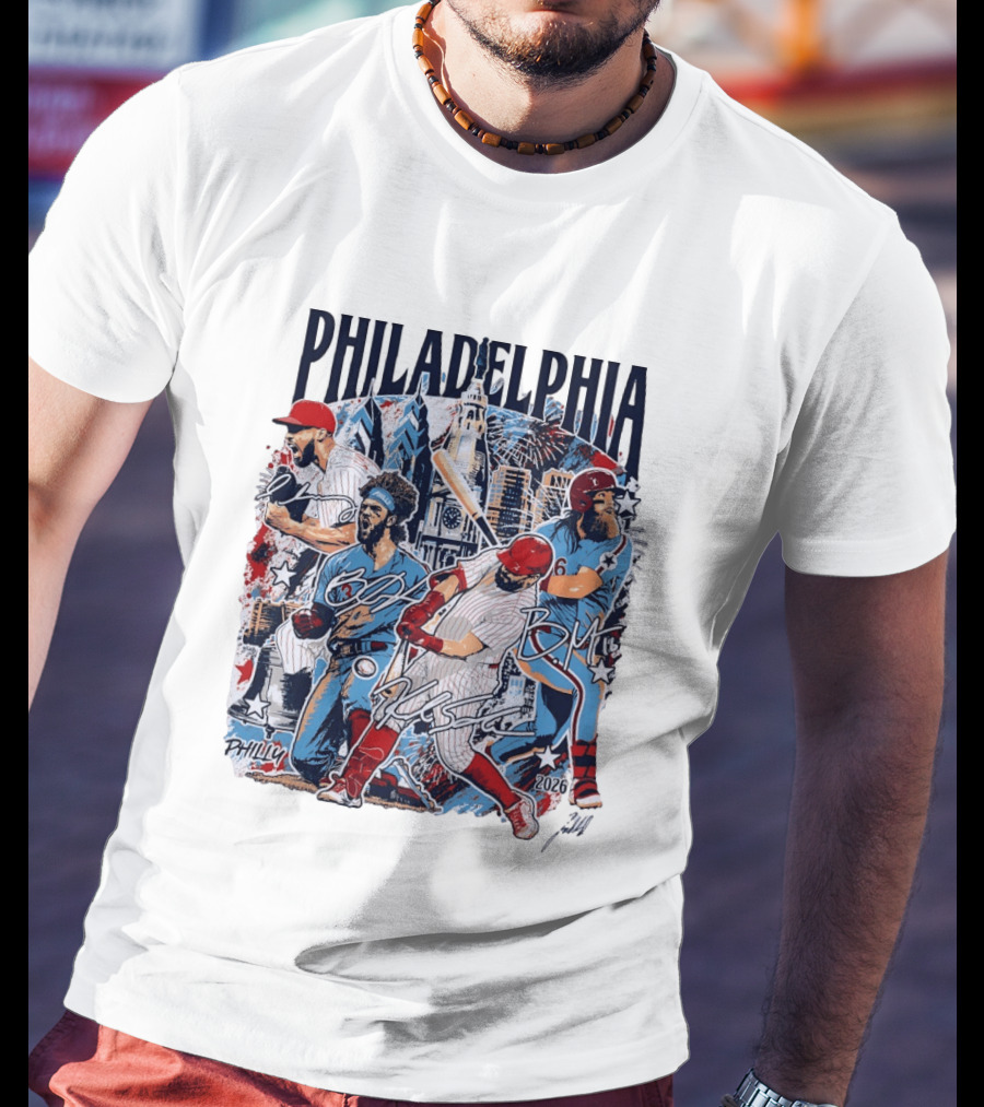 Philadelphia Phillies Stars Skyline 2026 Philly Batter Montage T-Shirt