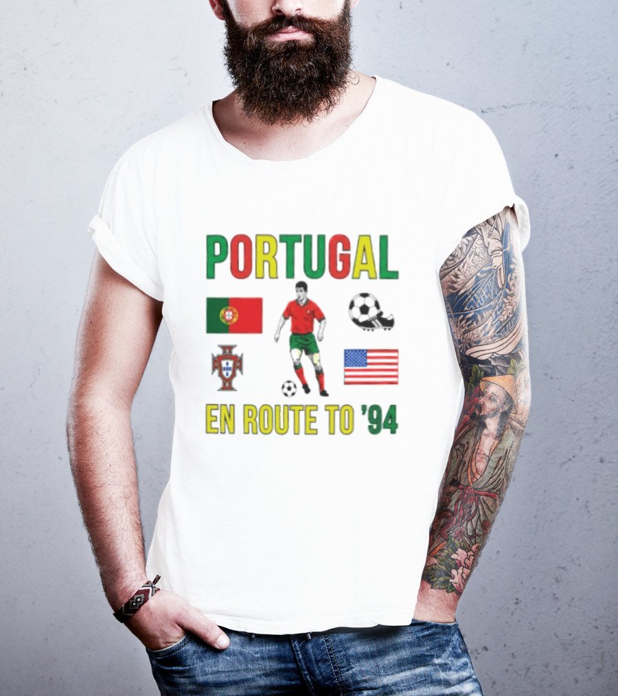 Portugal En Route To '94 World Cup Journey Footballer And Flags T-Shirt