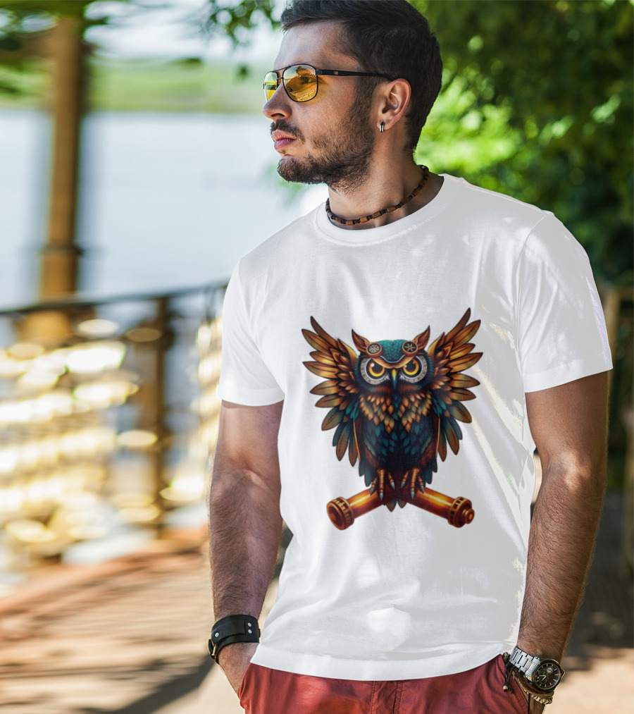 Steampunk Owl With Gears And Pistons Mechanic Aesthetic T-Shirt