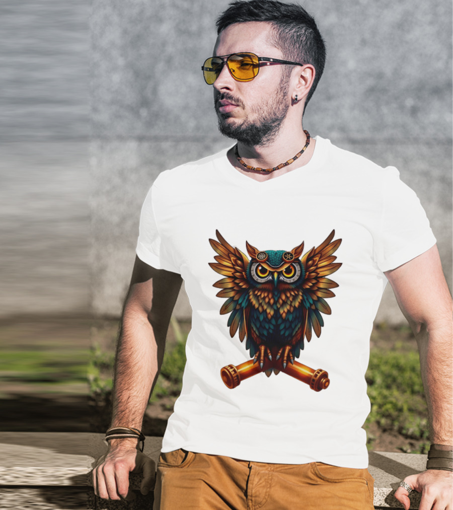 Steampunk Owl With Gears And Pistons Mechanic Aesthetic T-Shirt