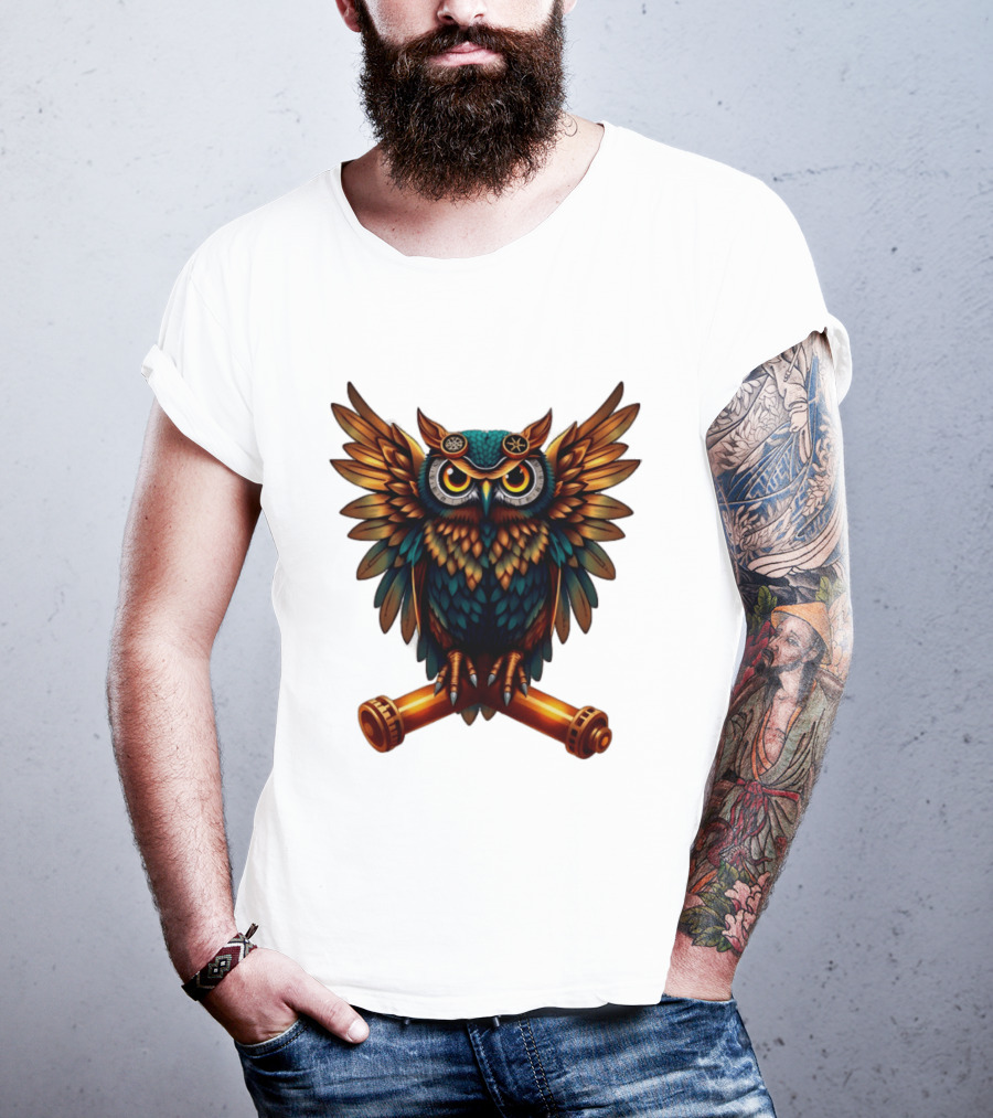 Steampunk Owl With Gears And Pistons Mechanic Aesthetic T-Shirt