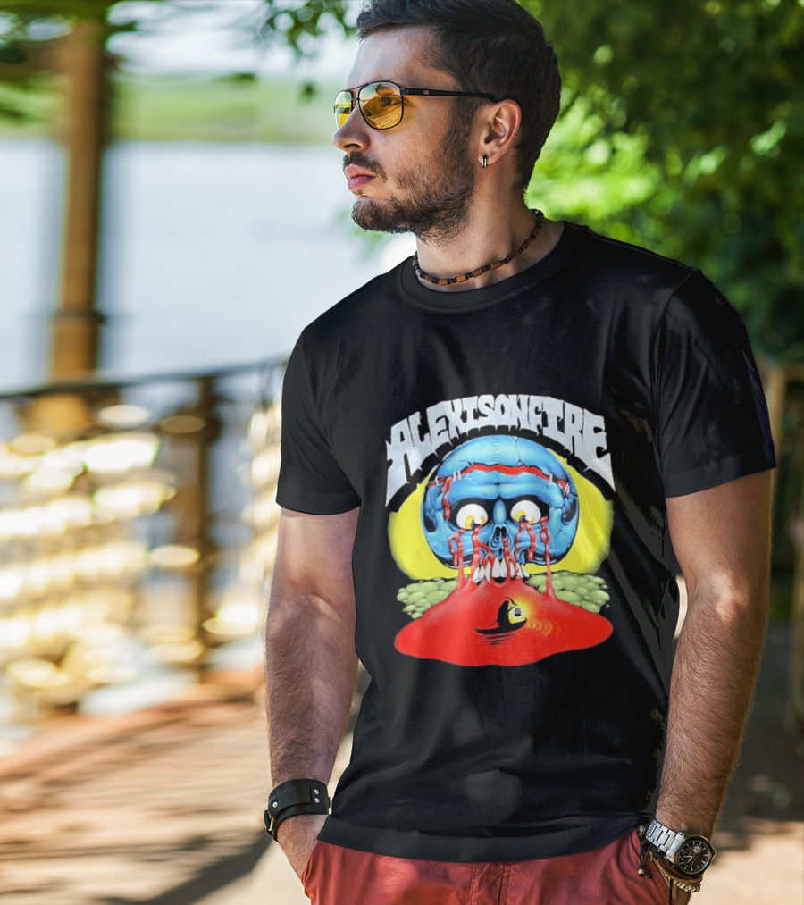 Alexisonfire Skull Island Creepy Blue Skull With Red Eyes And Boat T-Shirt