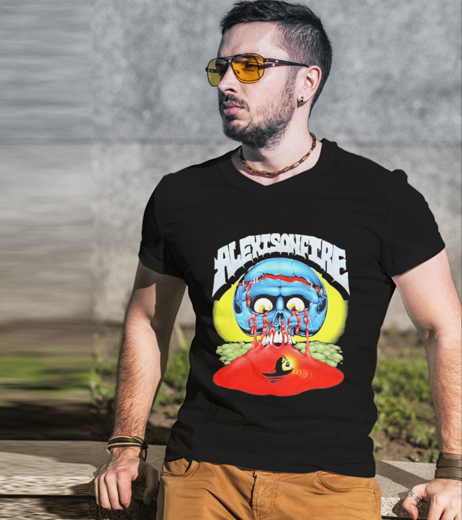 Alexisonfire Skull Island Creepy Blue Skull With Red Eyes And Boat T-Shirt