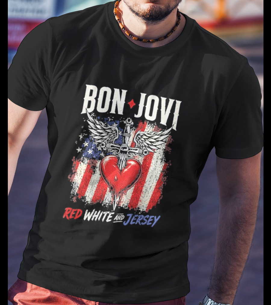 Bon Jovi Red White Jersey Heart And Dagger American Flag T-Shirt