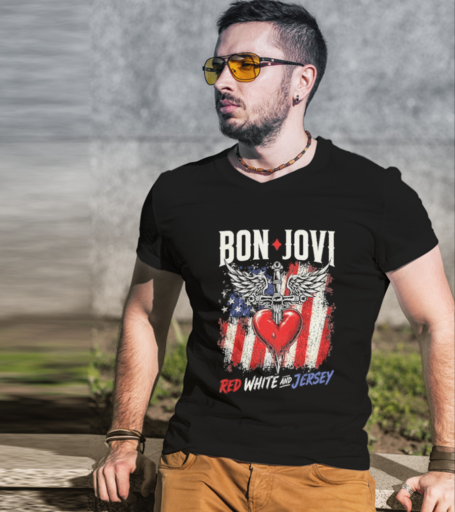 Bon Jovi Red White Jersey Heart And Dagger American Flag T-Shirt