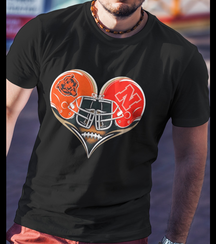 Chicago Bears Nebraska Cornhuskers Heart Shaped Helmets Football Fan Gear T-Shirt