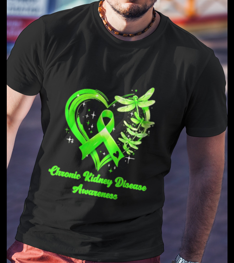 Chronic Kidney Disease Awareness Green Ribbon Heart And Dragonfly T-Shirt