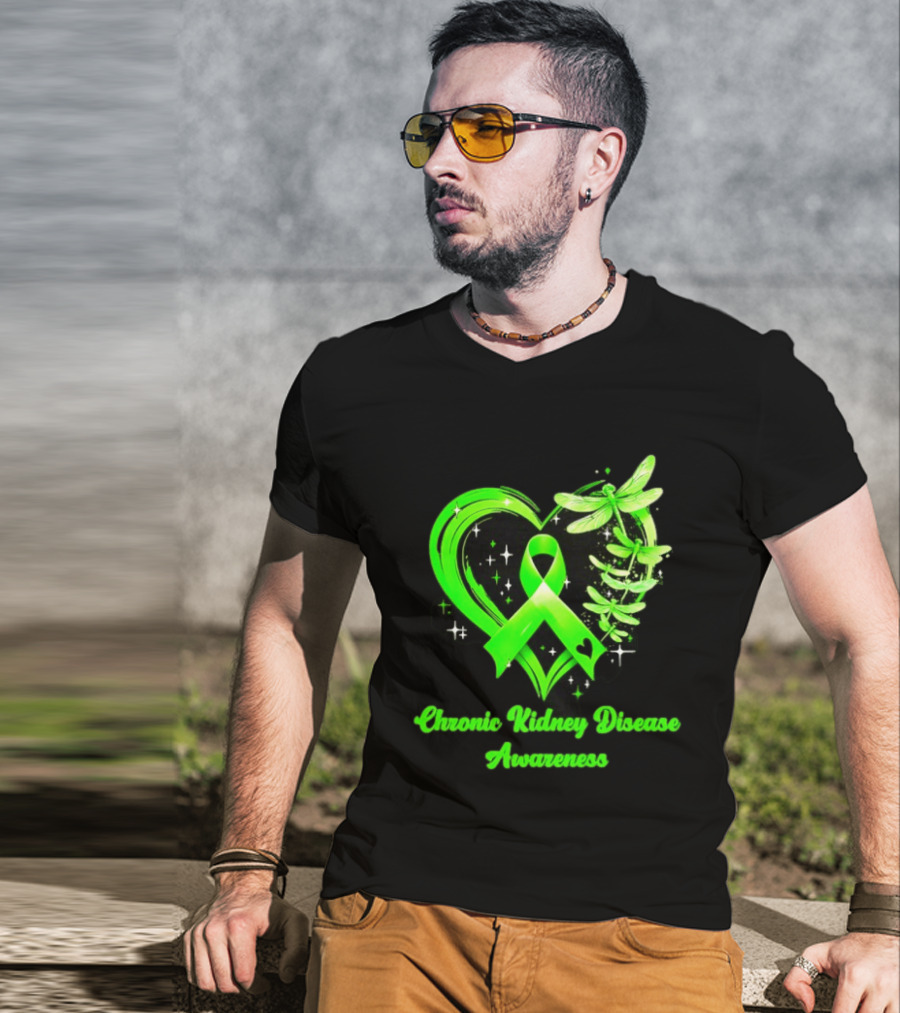 Chronic Kidney Disease Awareness Green Ribbon Heart And Dragonfly T-Shirt