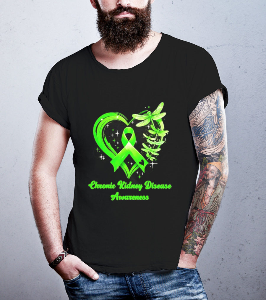 Chronic Kidney Disease Awareness Green Ribbon Heart And Dragonfly T-Shirt