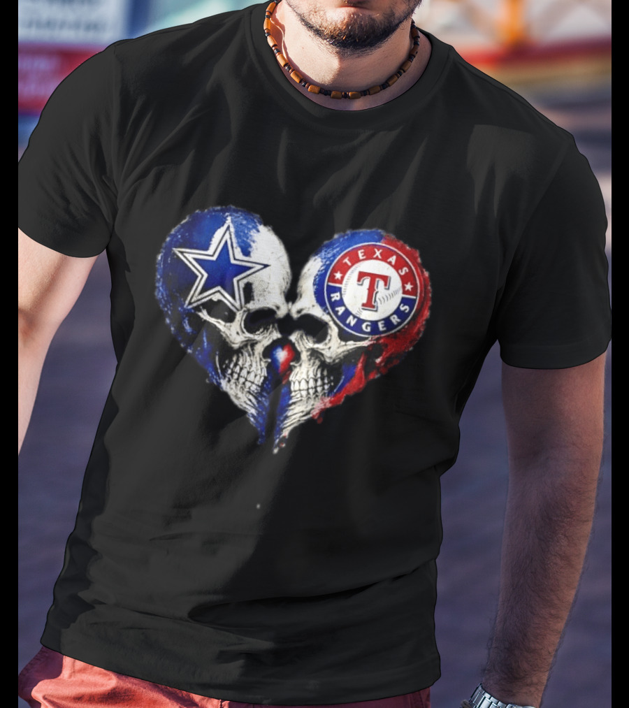 Dallas Cowboys Star And Texas Rangers Skull Heart T-Shirt
