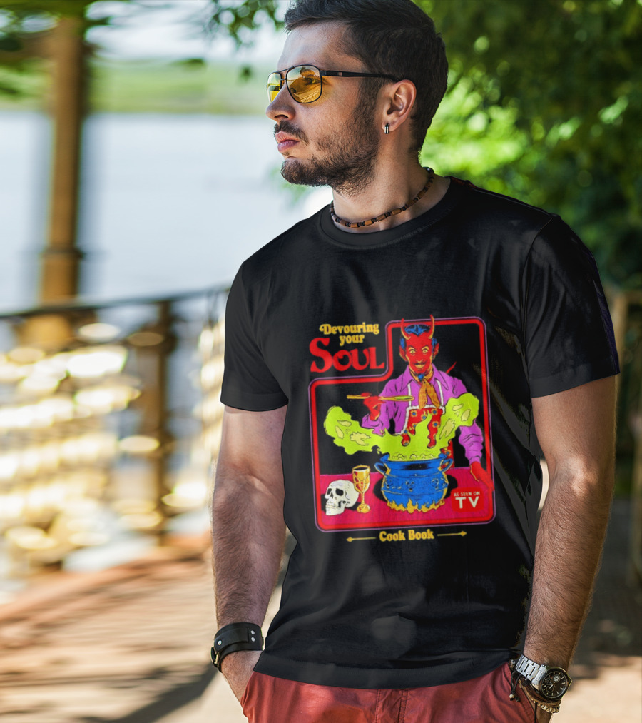 Devouring Your Soul Cook Book Steven Rhodes Retro Devil Cooking As Seen On TV Horror T-Shirt