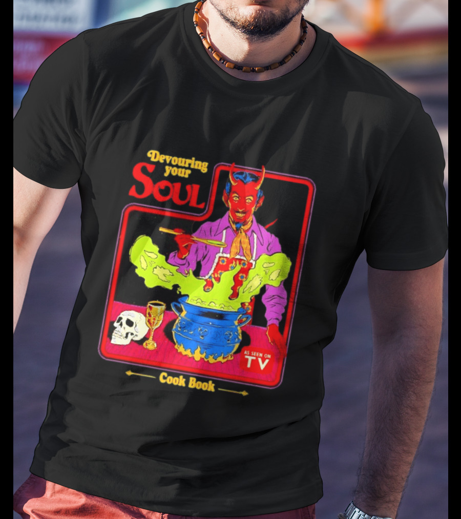 Devouring Your Soul Cook Book Steven Rhodes Retro Devil Cooking As Seen On TV Horror T-Shirt