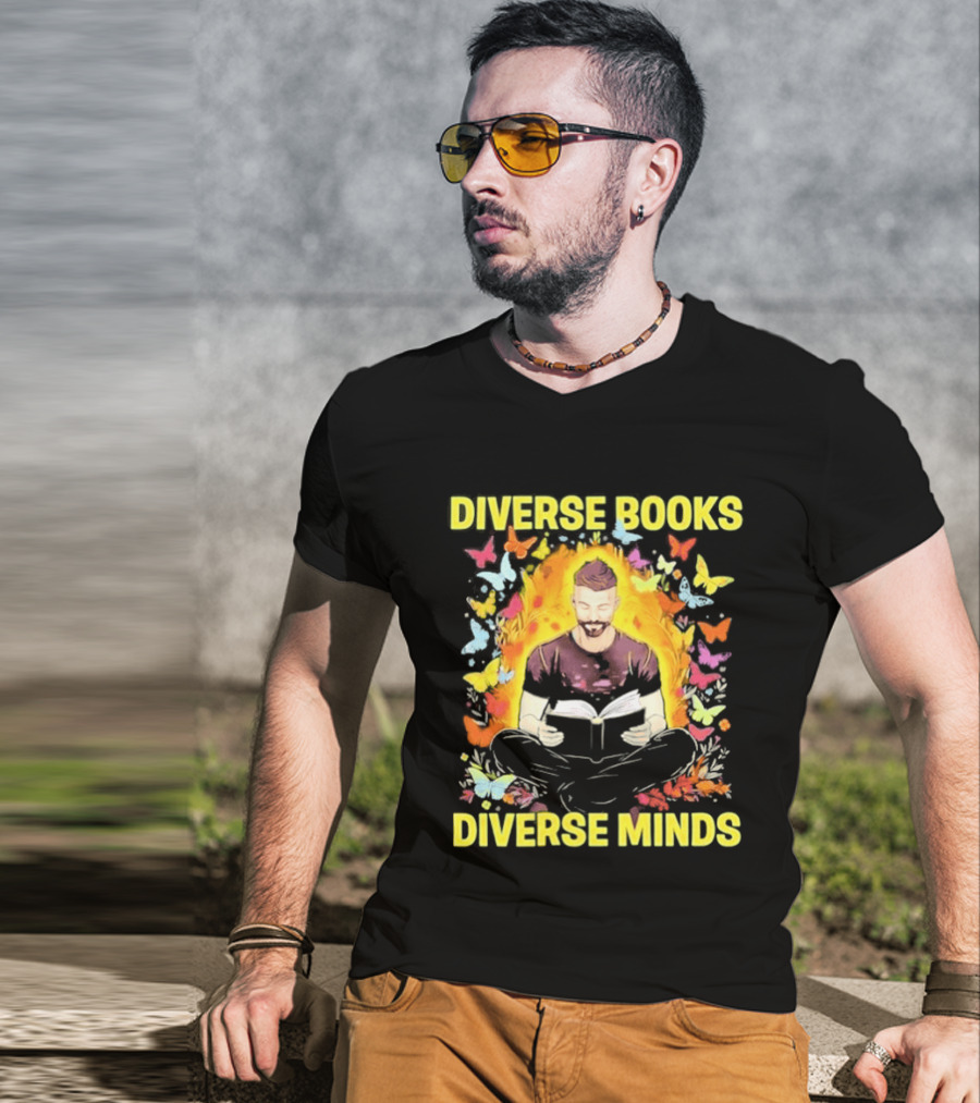 Diverse Books Diverse Minds Reading Book Lover With Colorful Butterfly Motif T-Shirt