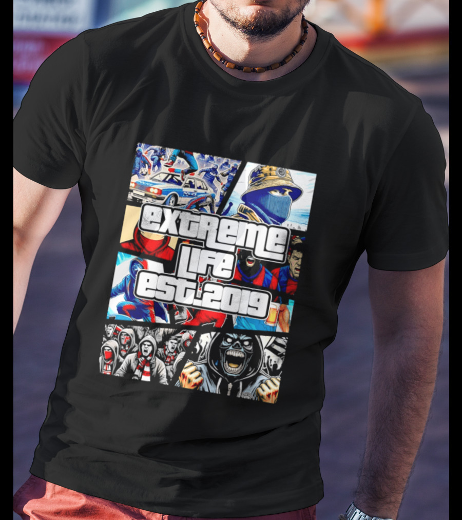 Extreme Life Est 2019 Football Hooligan Collage T-Shirt