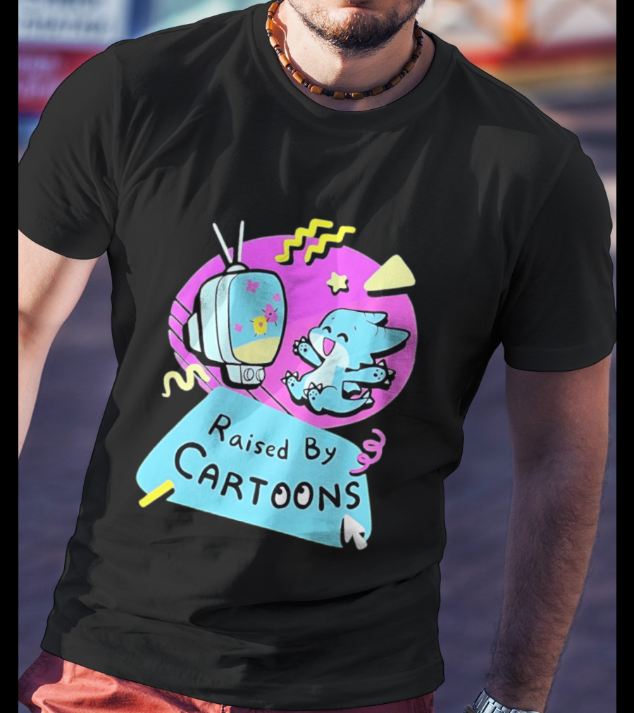 Raised By Cartoons Nostalgia 90s Kid Cartoon Lover Retro TV And Playful Puppy Scene T-Shirt