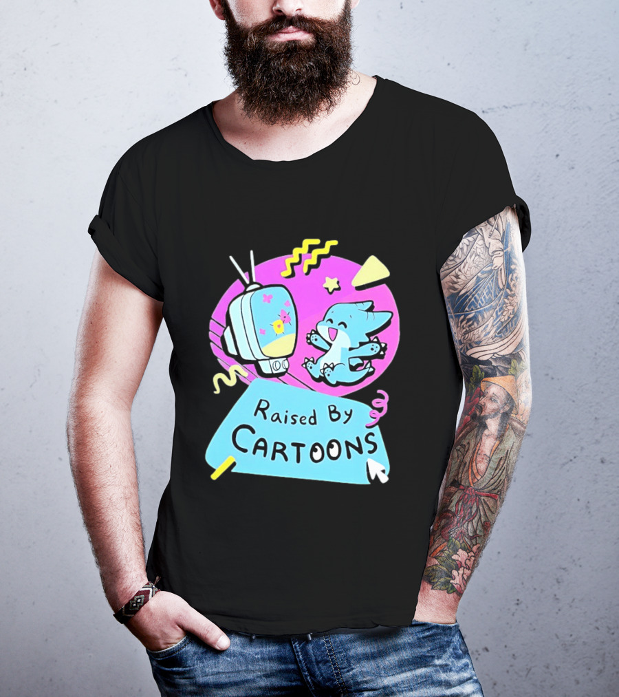 Raised By Cartoons Nostalgia 90s Kid Cartoon Lover Retro TV And Playful Puppy Scene T-Shirt
