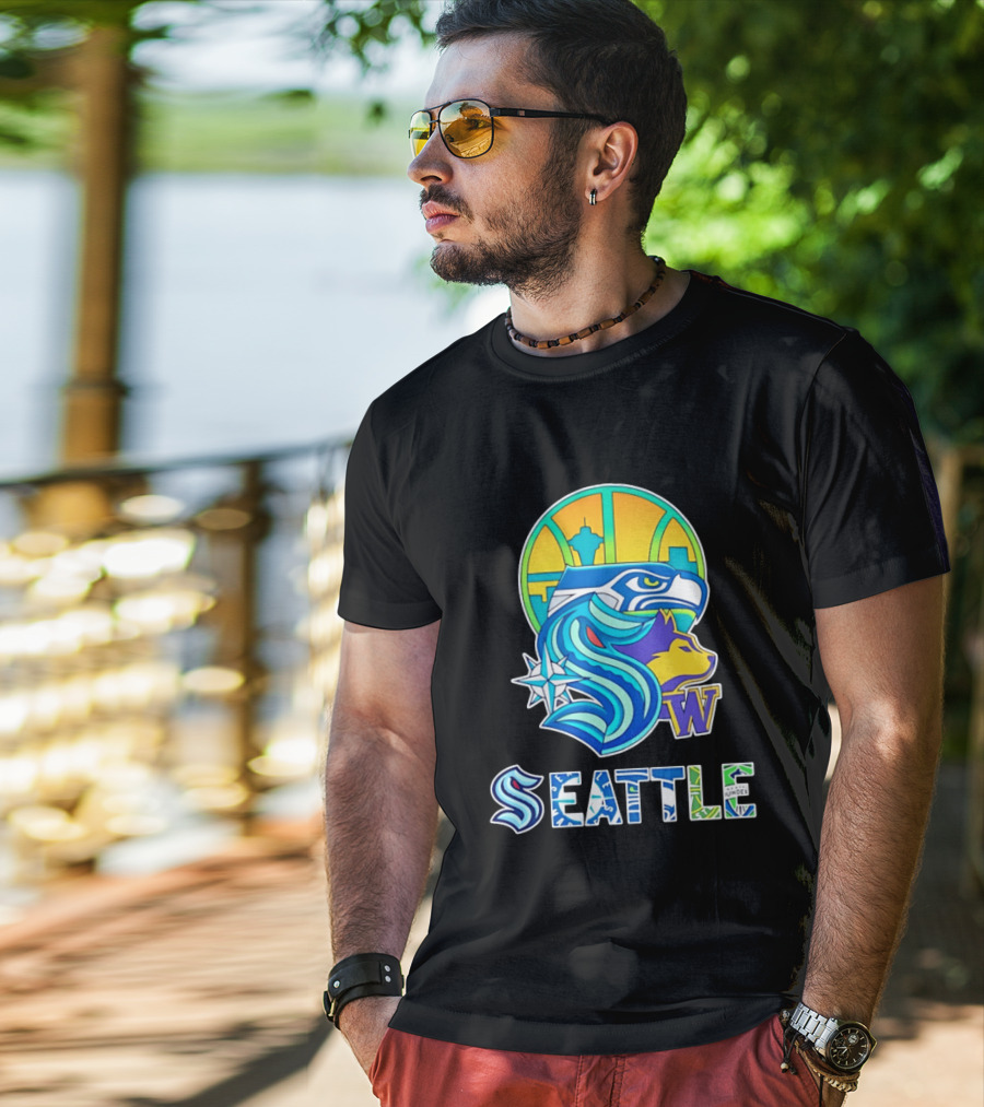 Seattle Seahawks Washington Huskies Skyline Collage With Space Needle And Compass Rose T-Shirt