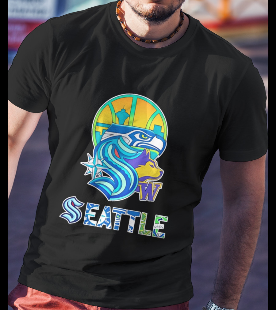 Seattle Seahawks Washington Huskies Skyline Collage With Space Needle And Compass Rose T-Shirt