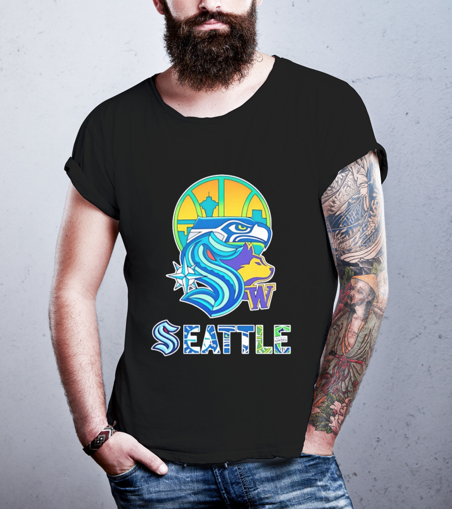 Seattle Seahawks Washington Huskies Skyline Collage With Space Needle And Compass Rose T-Shirt
