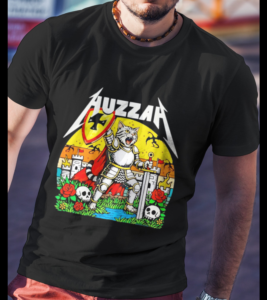 Huzzah Cat Knight Medieval Fantasy With Shield And Sword In Castle Scene T-Shirt