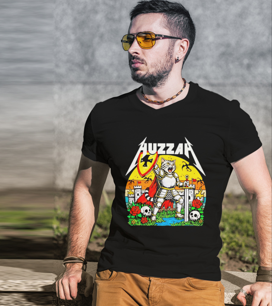 Huzzah Cat Knight Medieval Fantasy With Shield And Sword In Castle Scene T-Shirt
