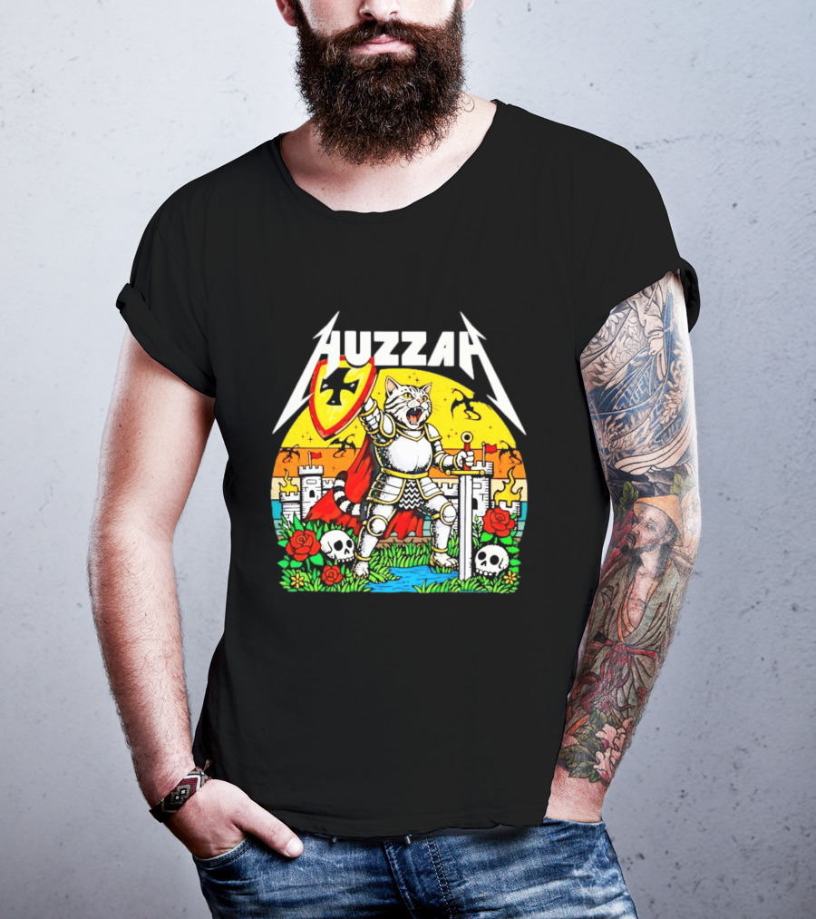 Huzzah Cat Knight Medieval Fantasy With Shield And Sword In Castle Scene T-Shirt