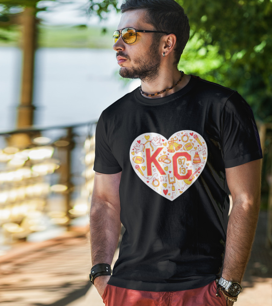 KC 87 13 Heart With Football Rings Music Bells Cake And Guitar T-Shirt