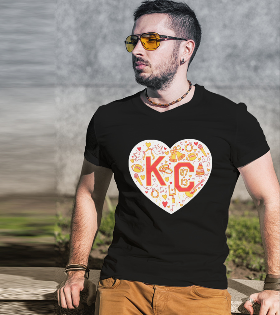 KC 87 13 Heart With Football Rings Music Bells Cake And Guitar T-Shirt