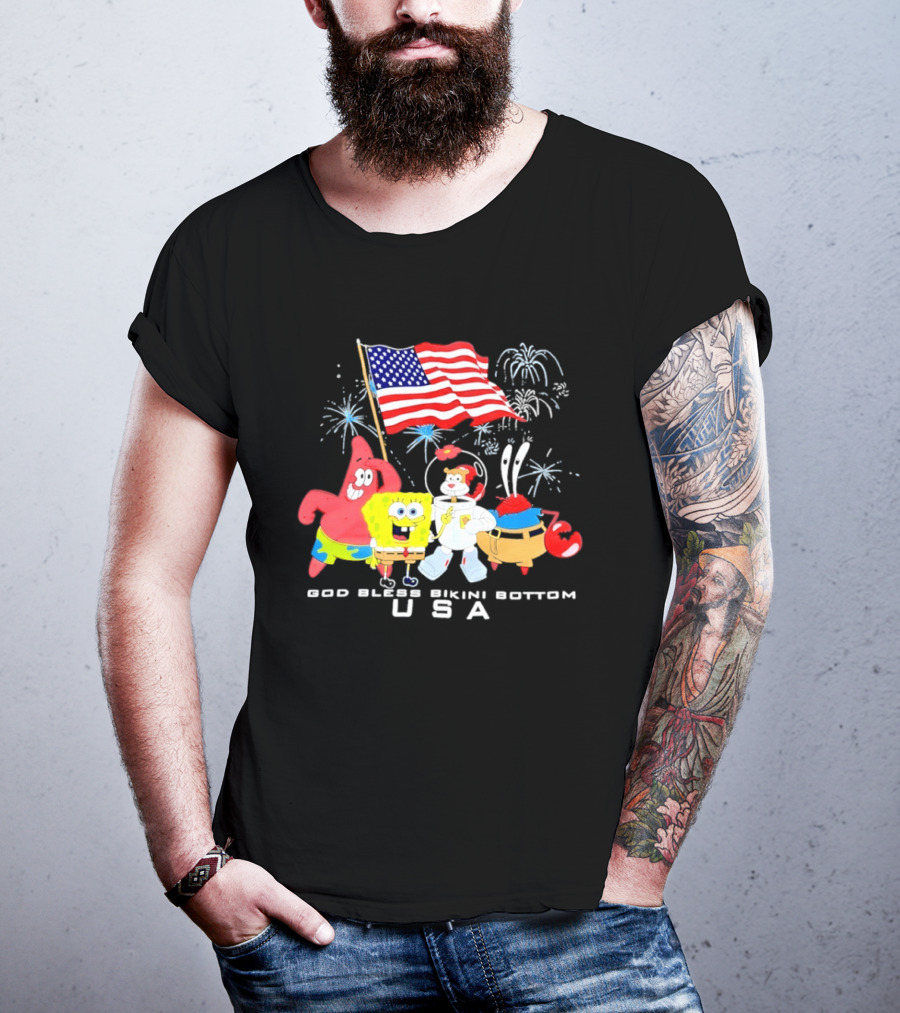 God Bless Bikini Bottom USA Sponge 4th Of July Celebration T-Shirt