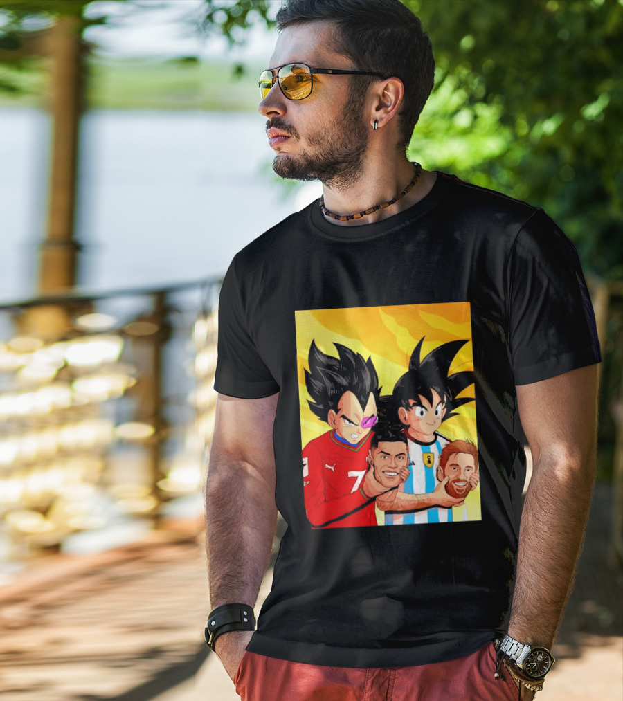 Vegeta And Goku With Ronaldo 7 And Messi Argentina Heads T-Shirt