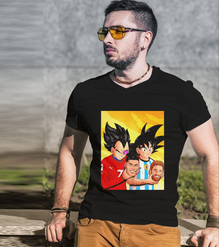 Vegeta And Goku With Ronaldo 7 And Messi Argentina Heads T-Shirt