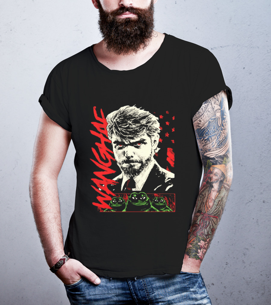 Wangyae Distressed Frogs With Intense Bearded Man And Red Accents T-Shirt